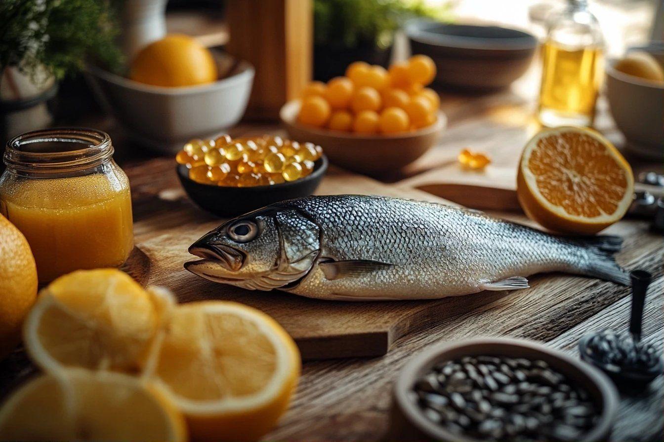 Poisson argenté entouré de citrons et d'ingrédients cuisine