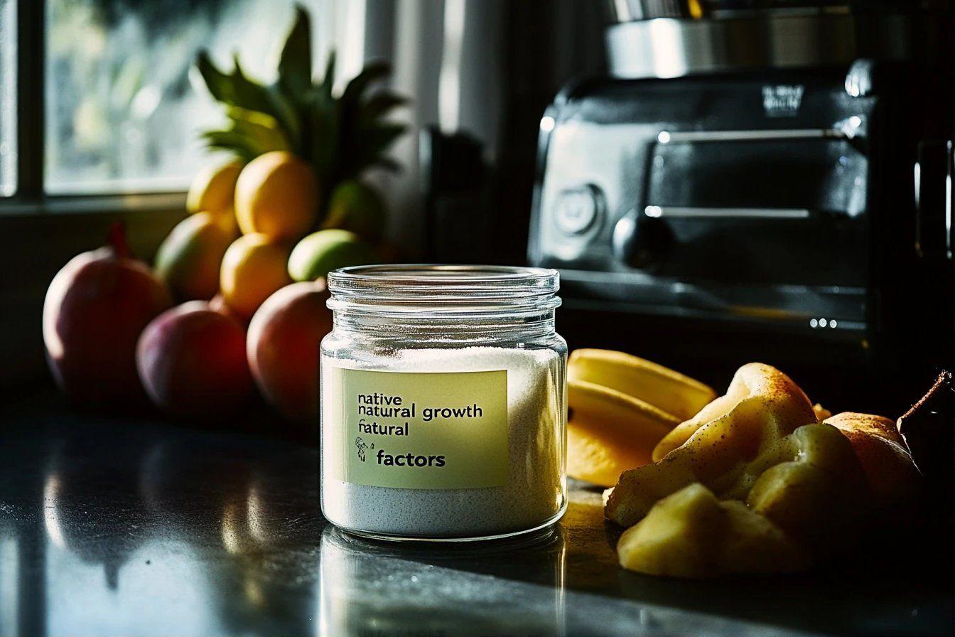 Pot en verre étiqueté près de fruits et machine