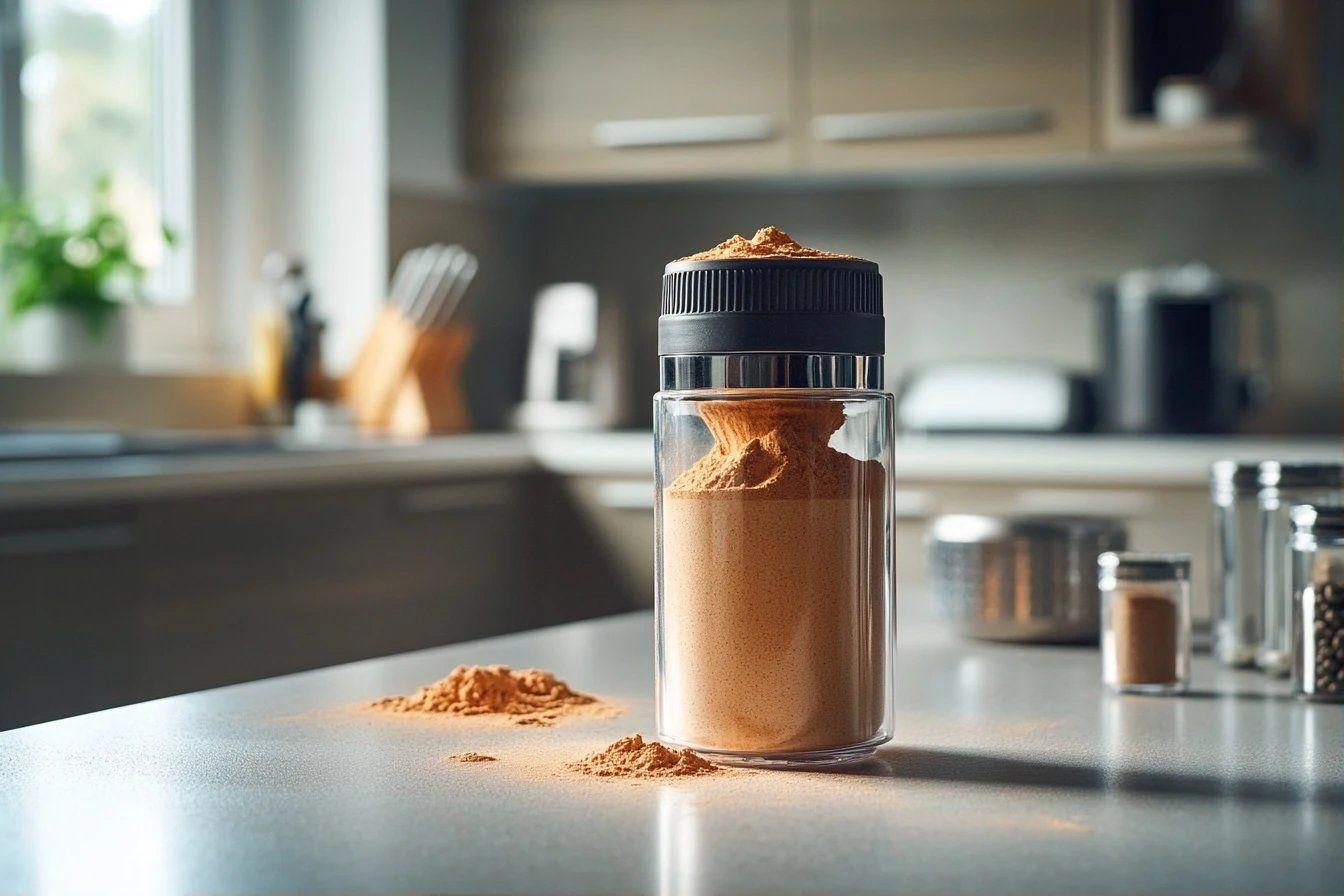 Pot en verre rempli de poudre dorée sur plan de travail