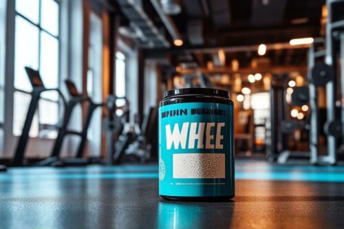 Pot de whey turquoise sur sol de gymnase avec appareils