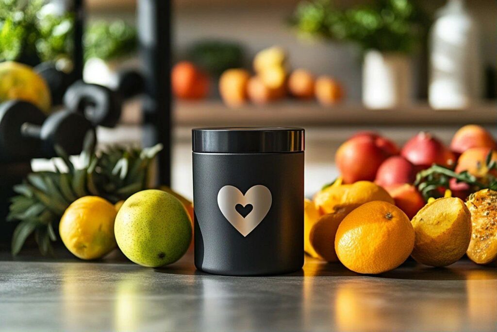 Pot noir à motif cœur près de citrons et fruits colorés