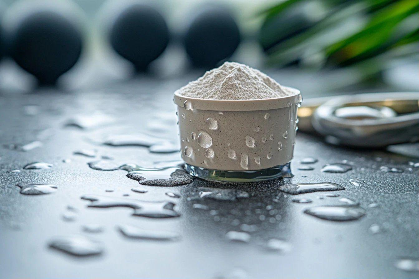 Pot beige avec poudre blanche entouré de gouttes d'eau