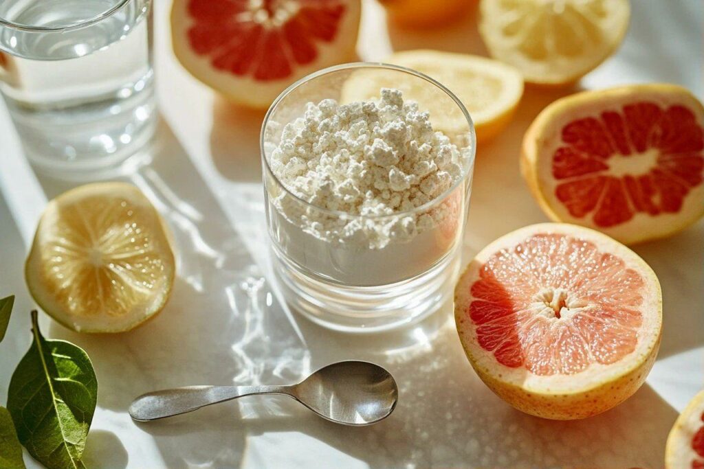 Verre de poudre blanche entouré de citrons et pamplemousses