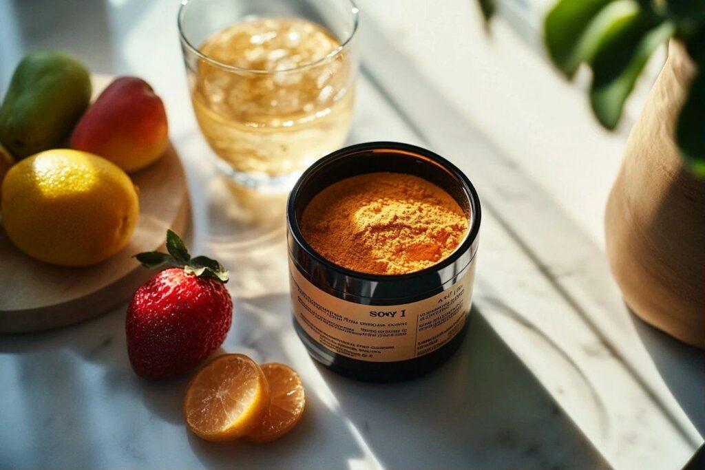 Pot de poudre orangée entouré de citrons, fraises et fruits