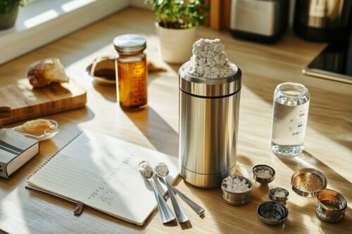 Ustensiles de cuisine, récipients et ingrédients sur une table en bois