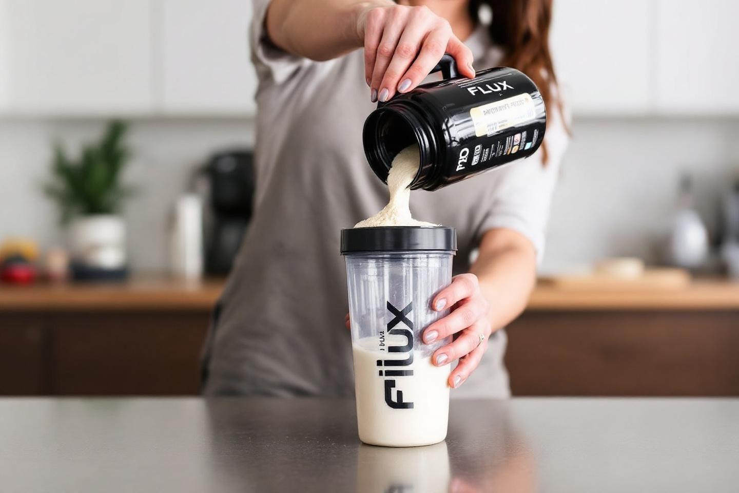 Mains versant une poudre blanche dans un shaker Flux