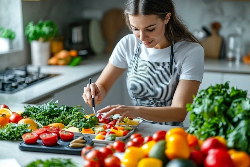 Femme cuisinant avec des légumes frais et variés