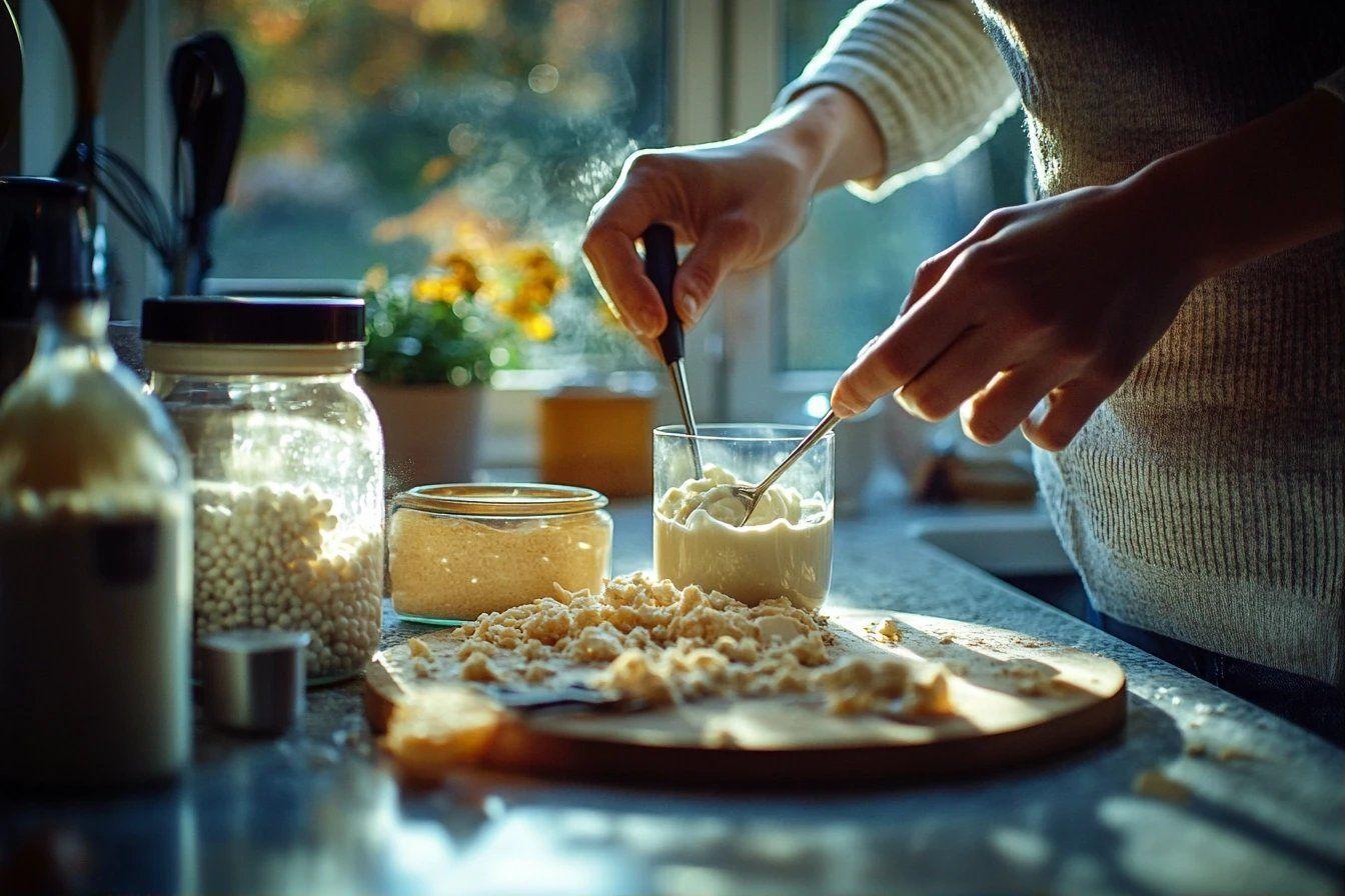 Mains préparant un petit-déjeuner près d'une fenêtre ensoleillée