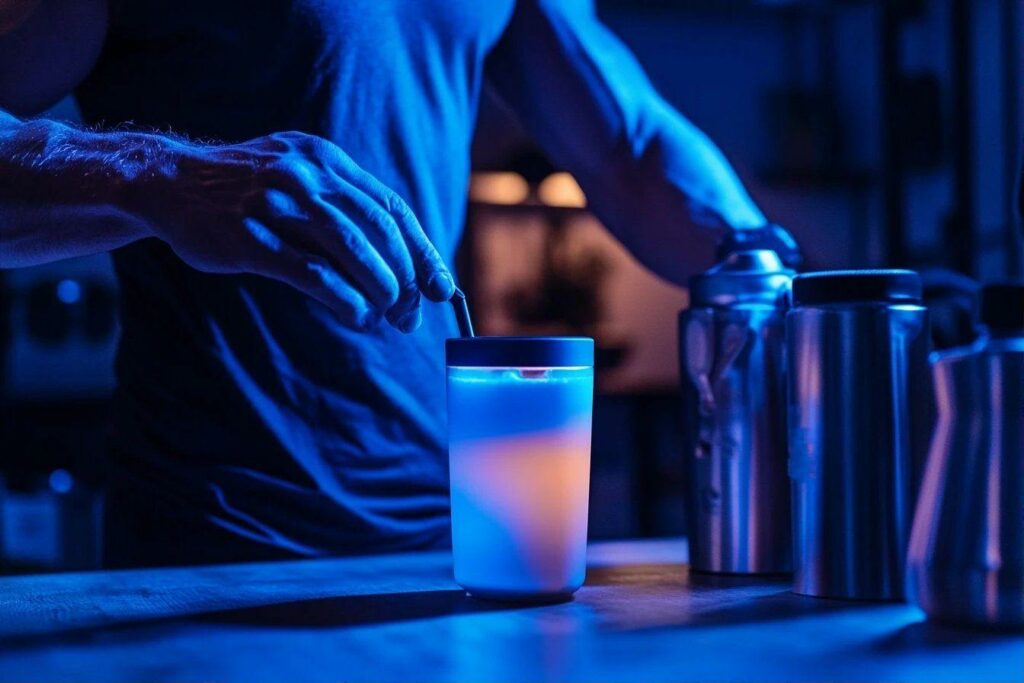 Main versant un liquide dans un verre bleu sombre