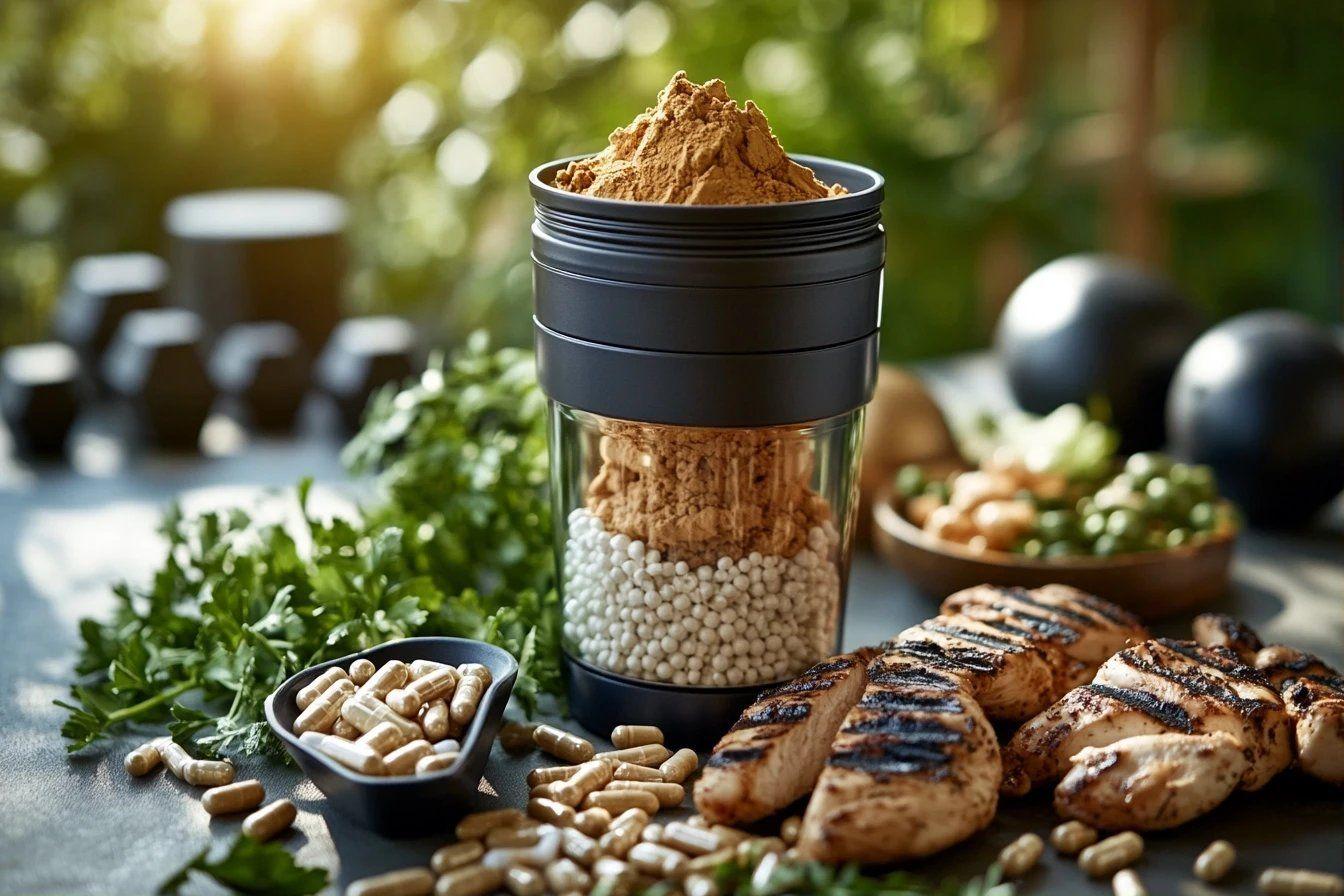 Pot de protéines, poulet grillé et compléments alimentaires