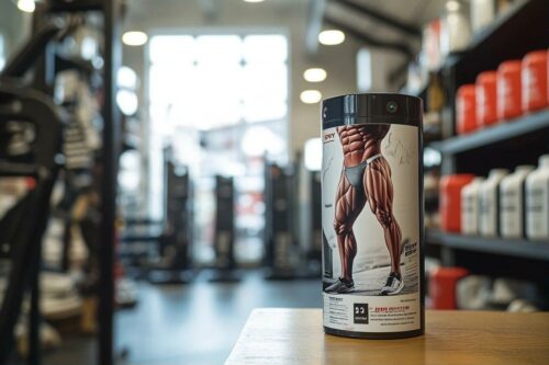 Bouteille de supplément nutritif avec image de musculation