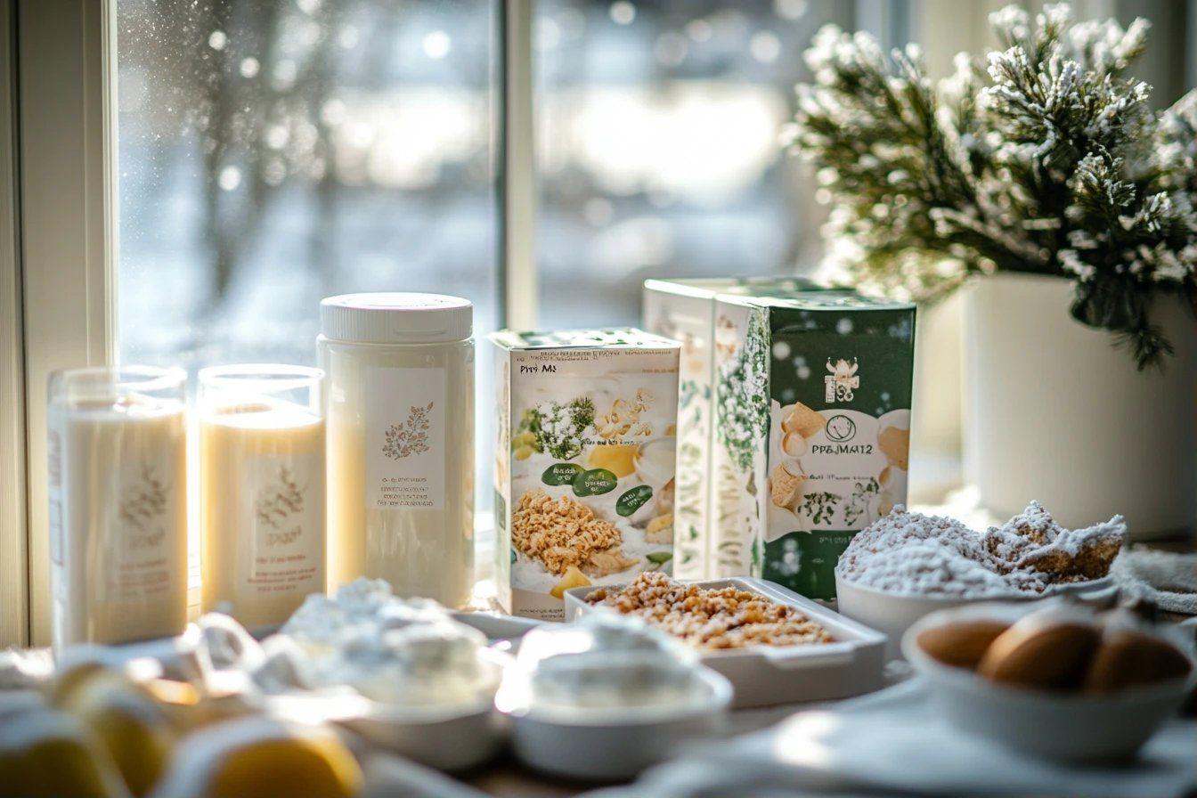 Boîtes, bocaux et bols de nourriture sur un comptoir lumineux
