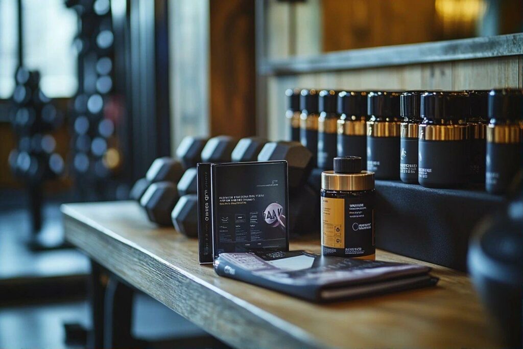 Bouteilles et boîtes noires élégantes sur étagère en bois