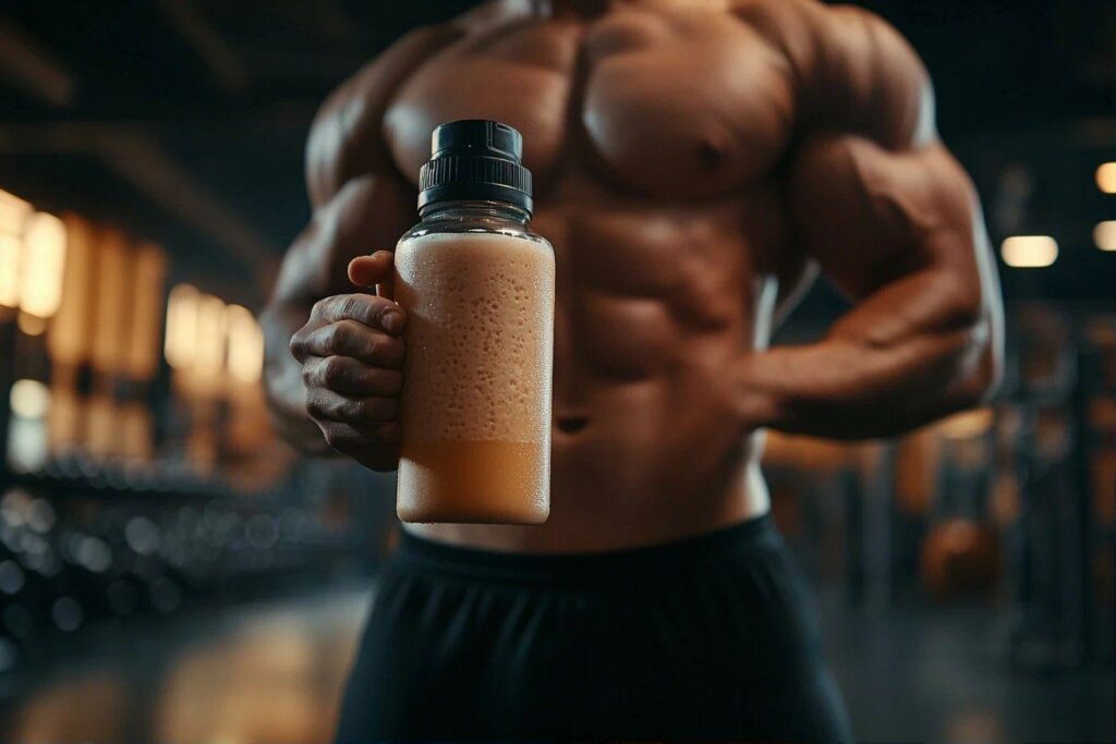 Bouteille de shake protéiné devant un corps musclé