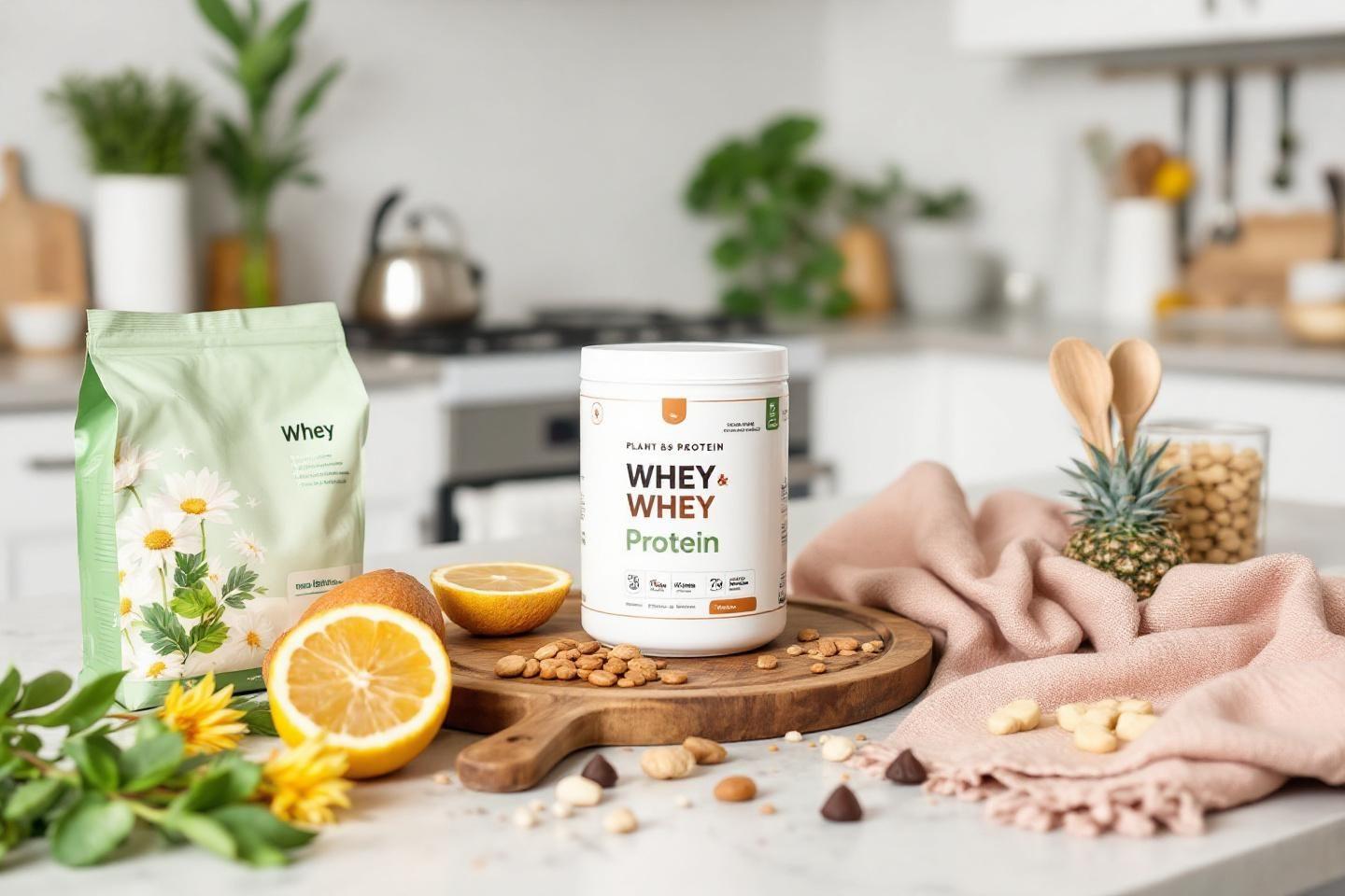 Pot de protéine whey entouré de citrons, noix et fleurs