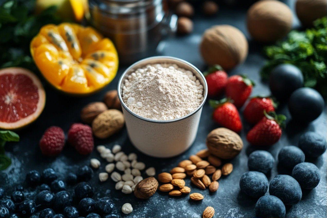 Mélange de fruits, noix et protéines en poudre blanche
