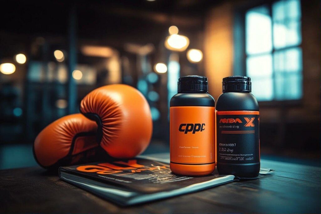 Gants de boxe oranges et bouteilles de suppléments sur table