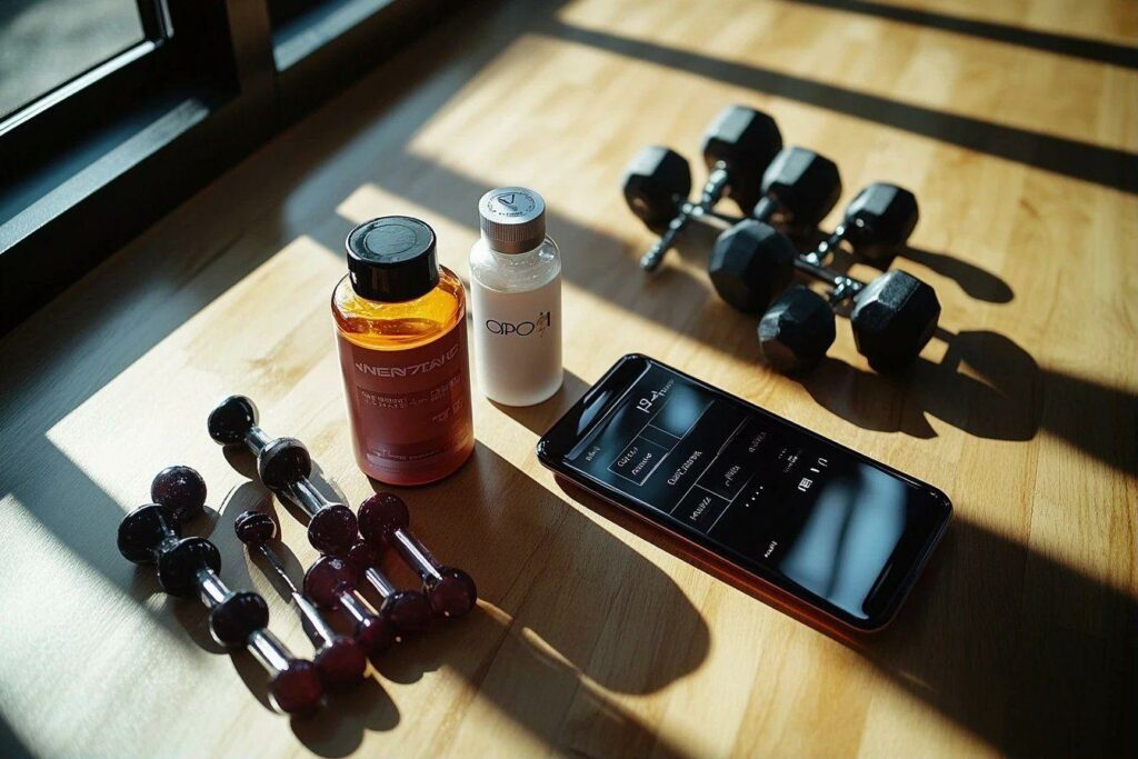 Haltères, bouteilles de supplément et smartphone sur plancher en bois