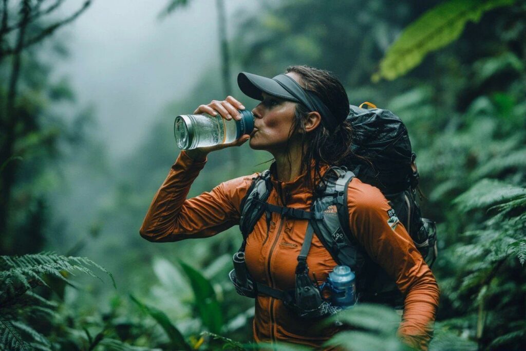 Sportive à l'orange buvant dans végétation tropicale