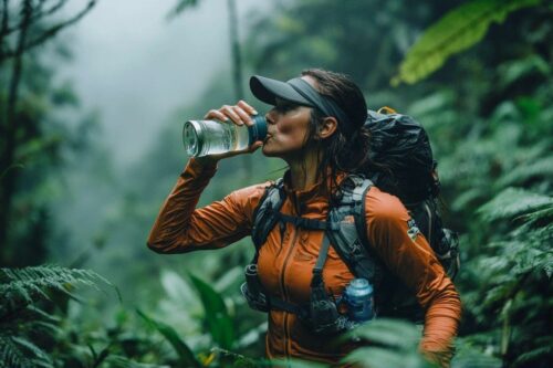 Sportive à l'orange buvant dans végétation tropicale