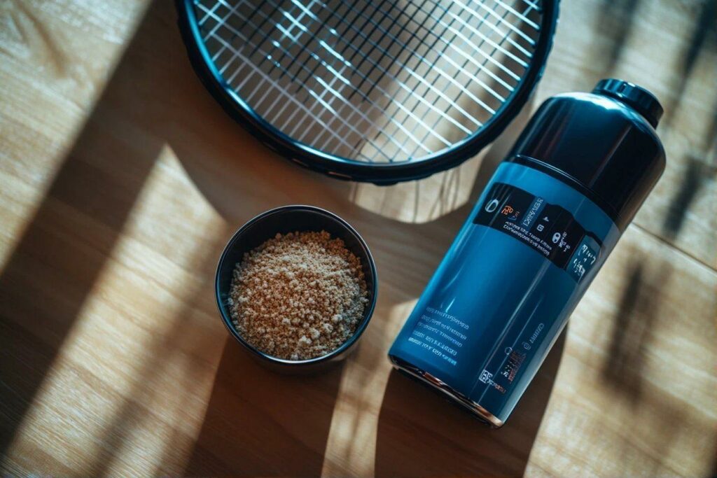 Gros plan sur une raquette de sport, une bouteille bleue et un bol