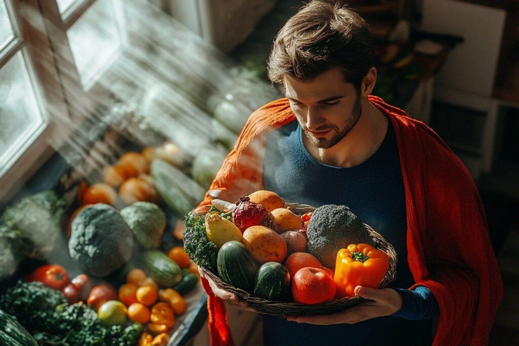 Homme avec panier de légumes frais près de la fenêtre