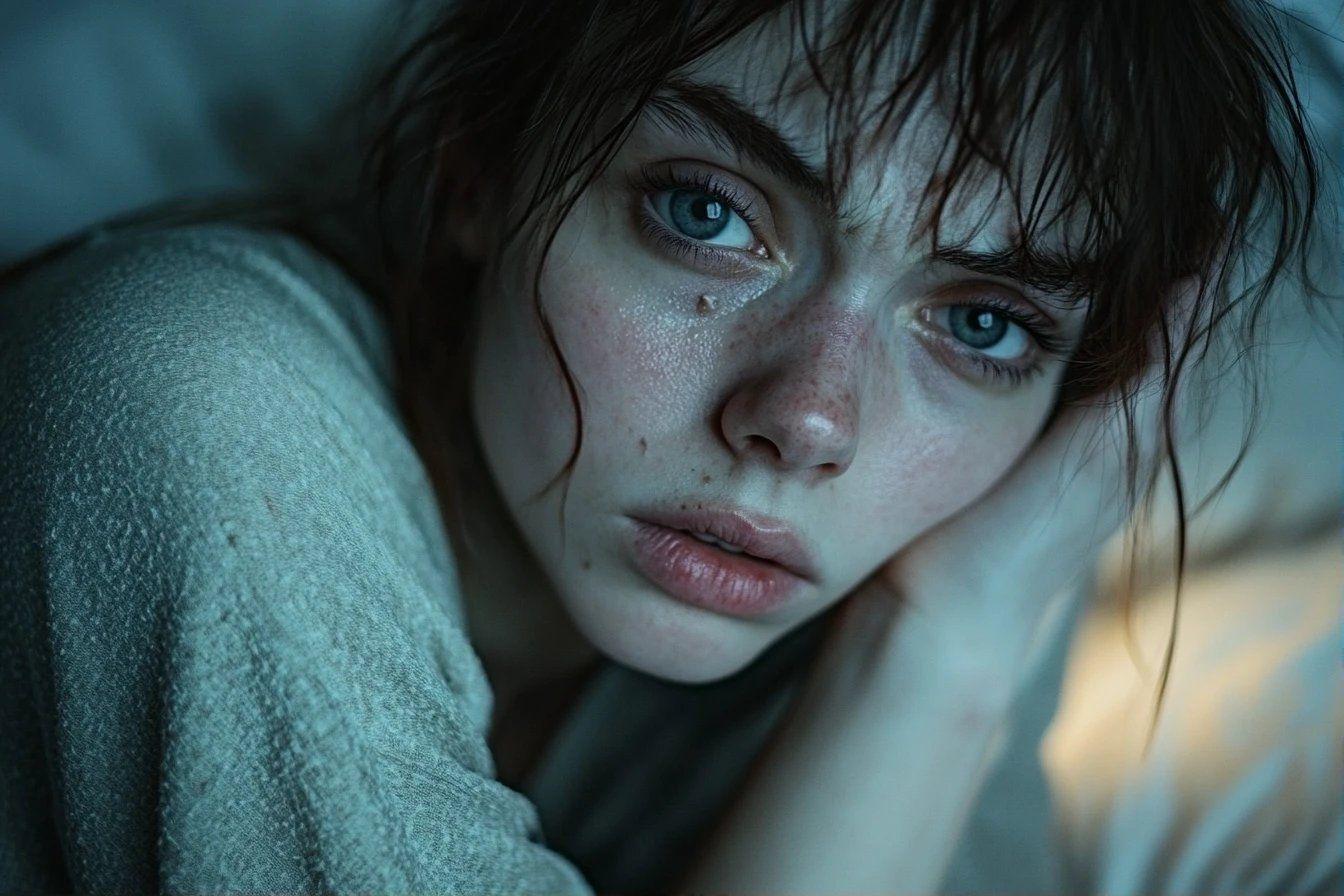 Visage triste aux yeux bleus, cheveux épars, lumière douce