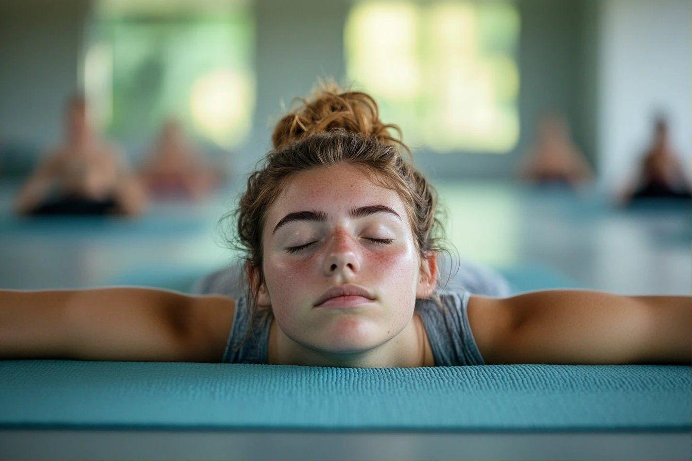 Femme allongée les yeux fermés sur un tapis bleu