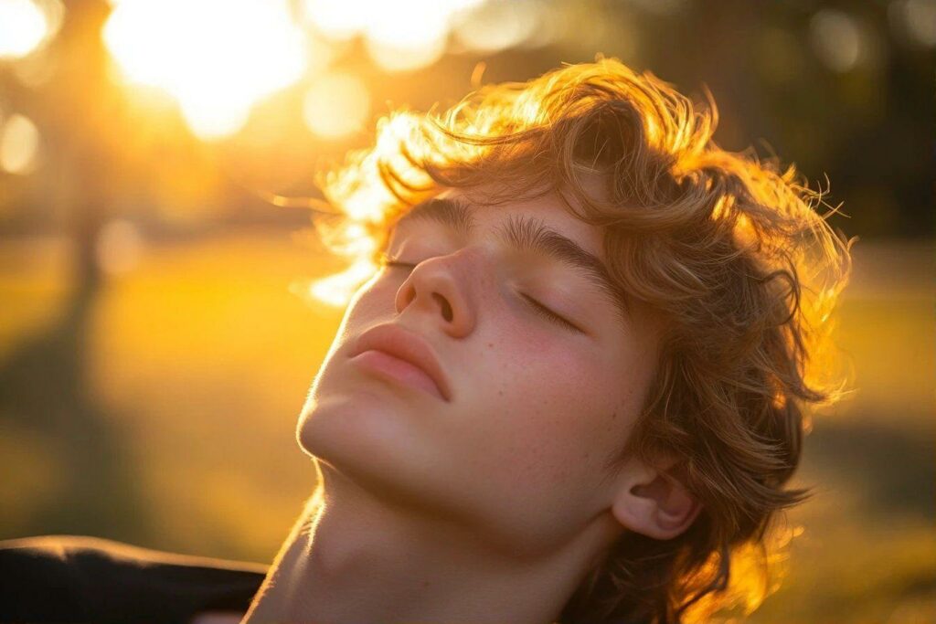 Jeune personne aux yeux fermés, baignée par la lumière dorée