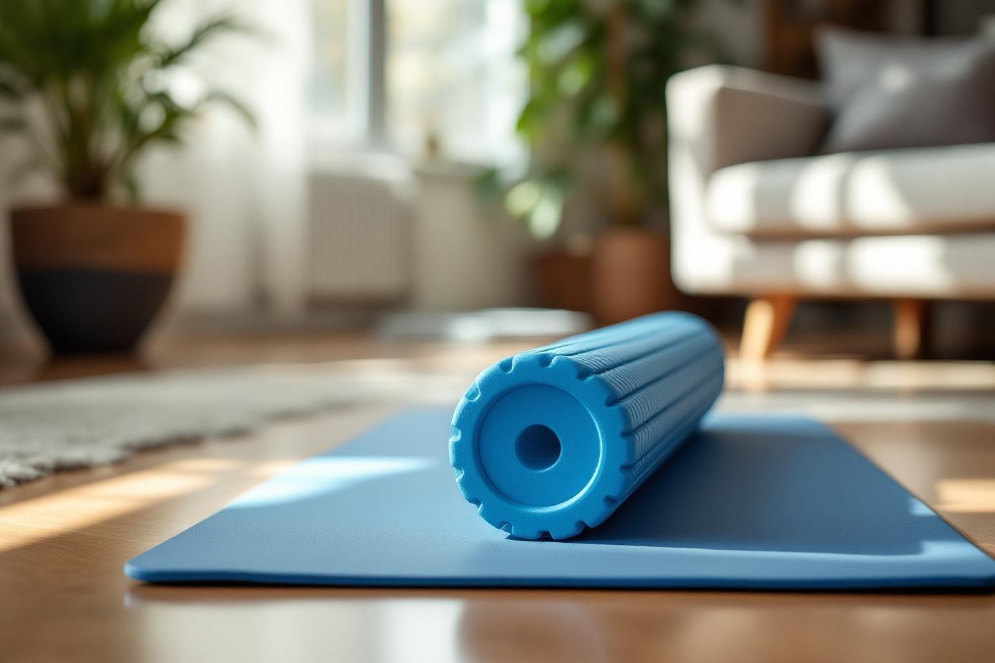 Rouleau de massage bleu sur un tapis d'exercice