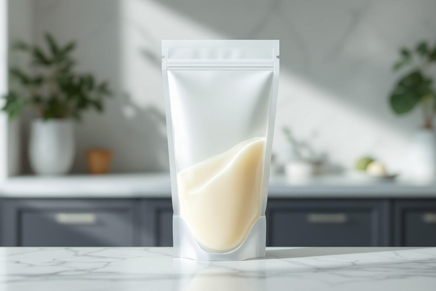Sachet blanc translucide avec liquide crème sur marbre