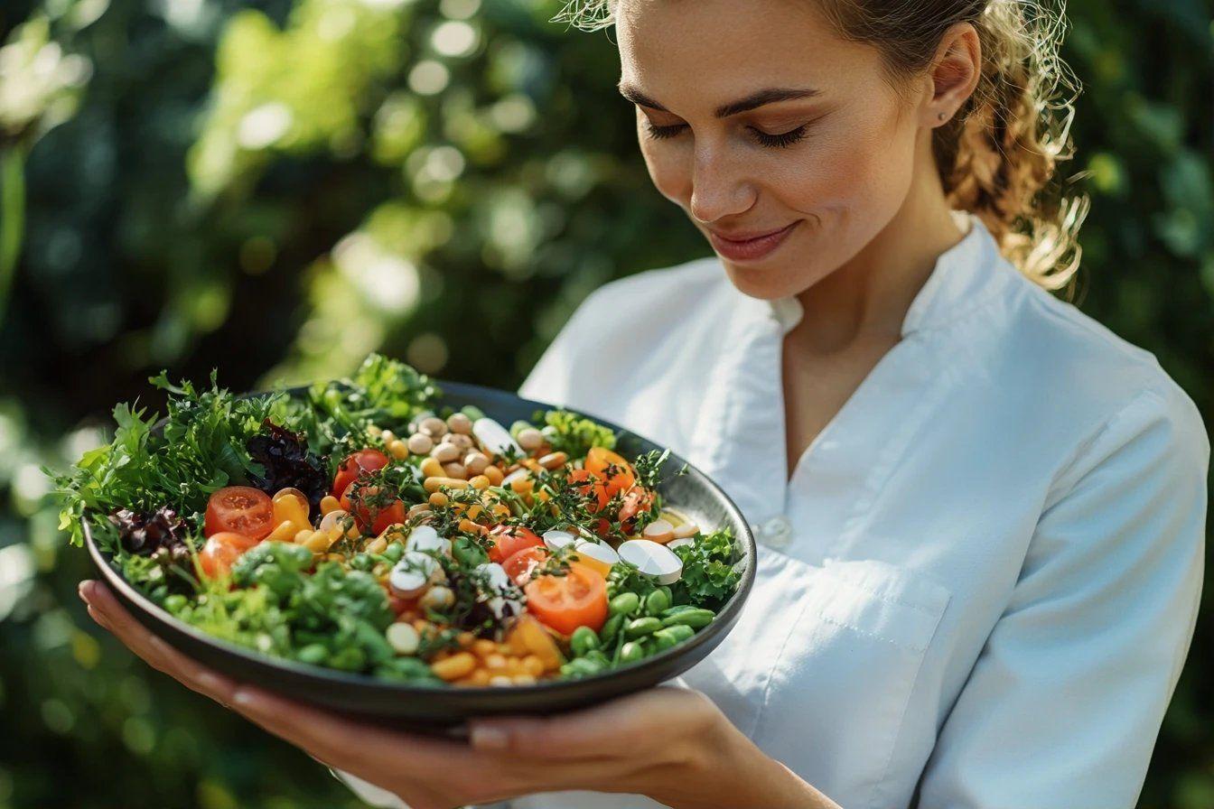 Assiette de légumes variés dans un décor verdoyant