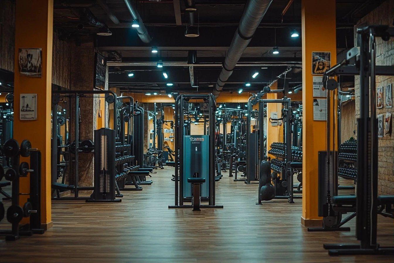 Équipements de fitness alignés dans un gymnase industriel éclairé