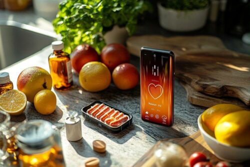 Smartphone, pilules et fruits sur une surface en bois