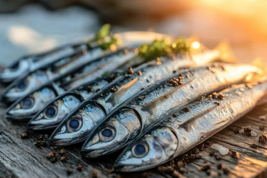 Sardines alignées avec des épices sur une surface en bois