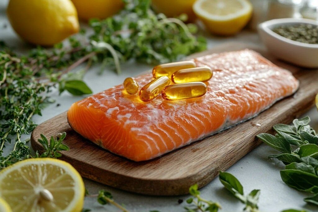 Filet de saumon frais avec capsules d'huile sur planche bois
