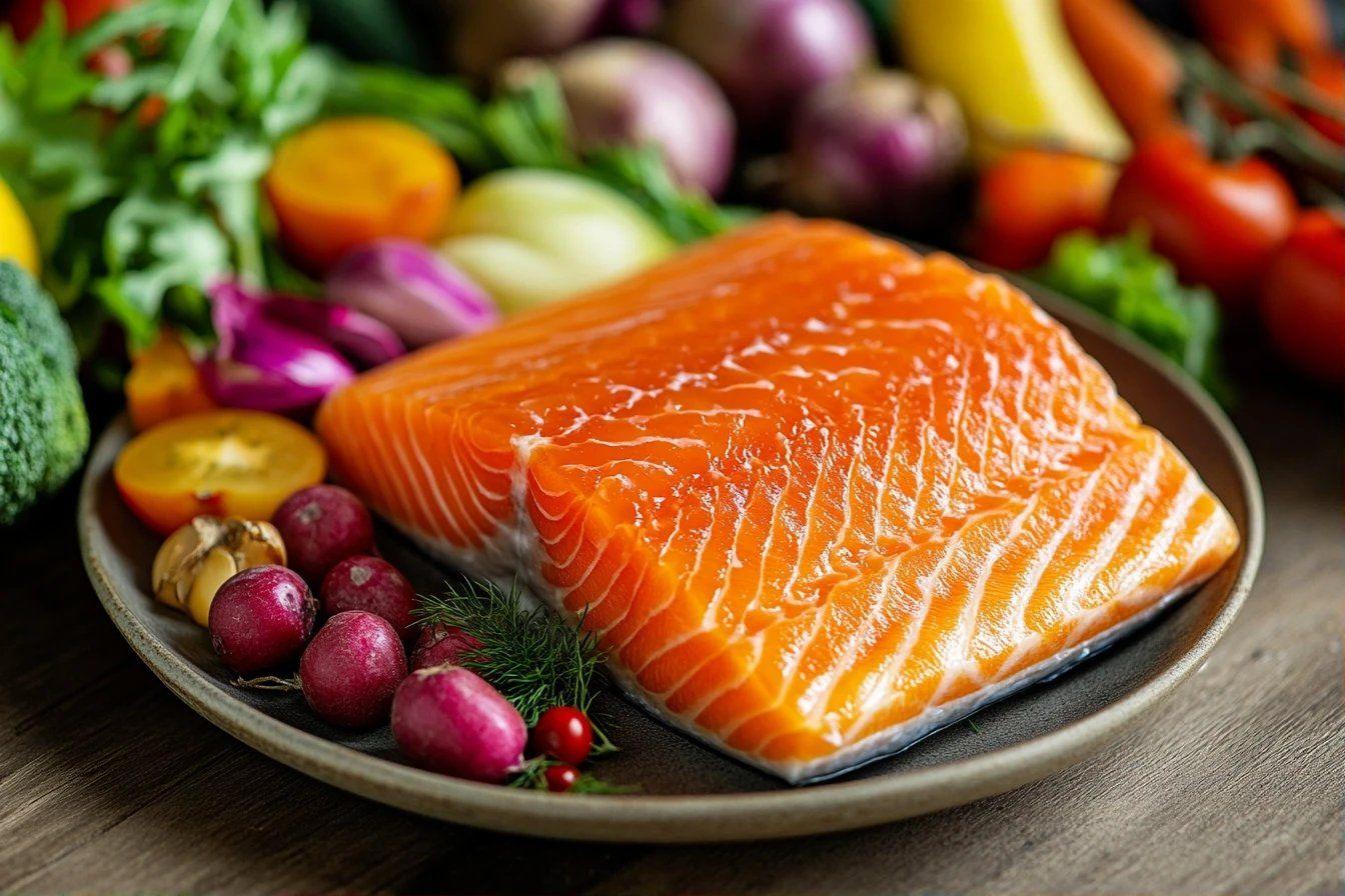 Filet de saumon orange vif entouré de légumes variés