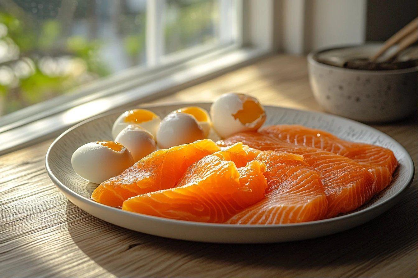 Assiette avec des tranches de saumon et des œufs à jaune coulant