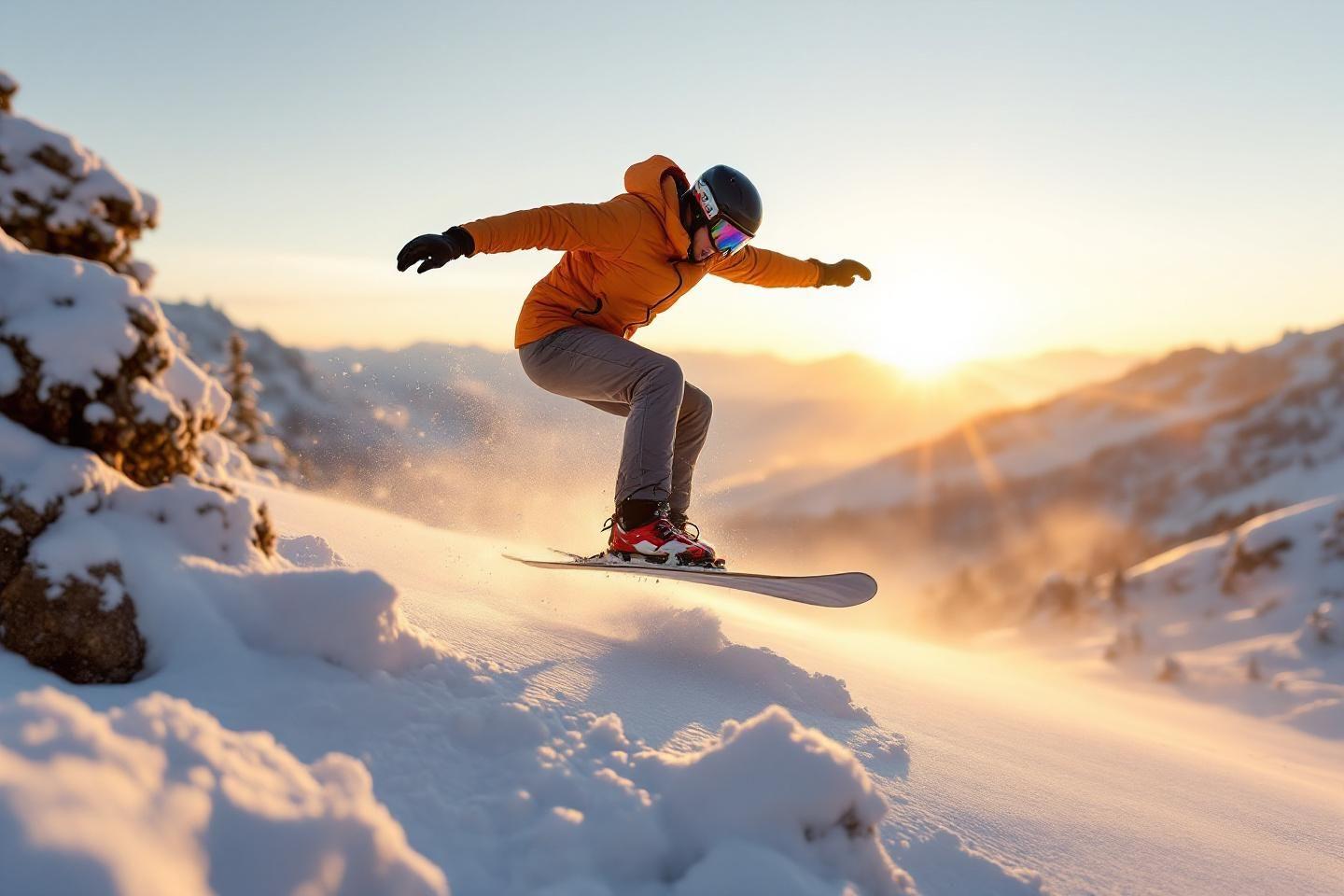 Skieur en veste orange volant au-dessus de la neige montagneuse