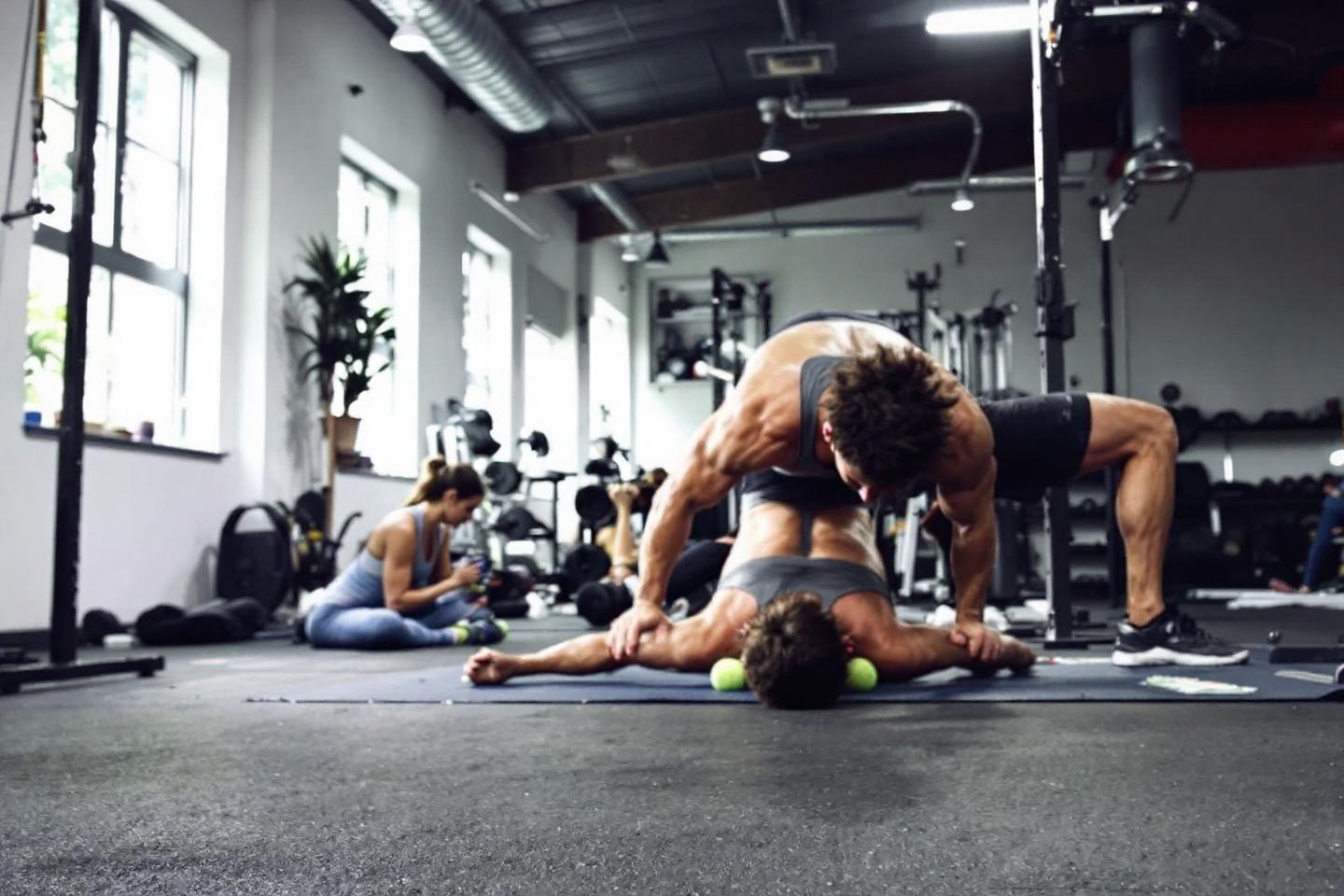 Sportifs dans une salle de fitness, exercices de récupération