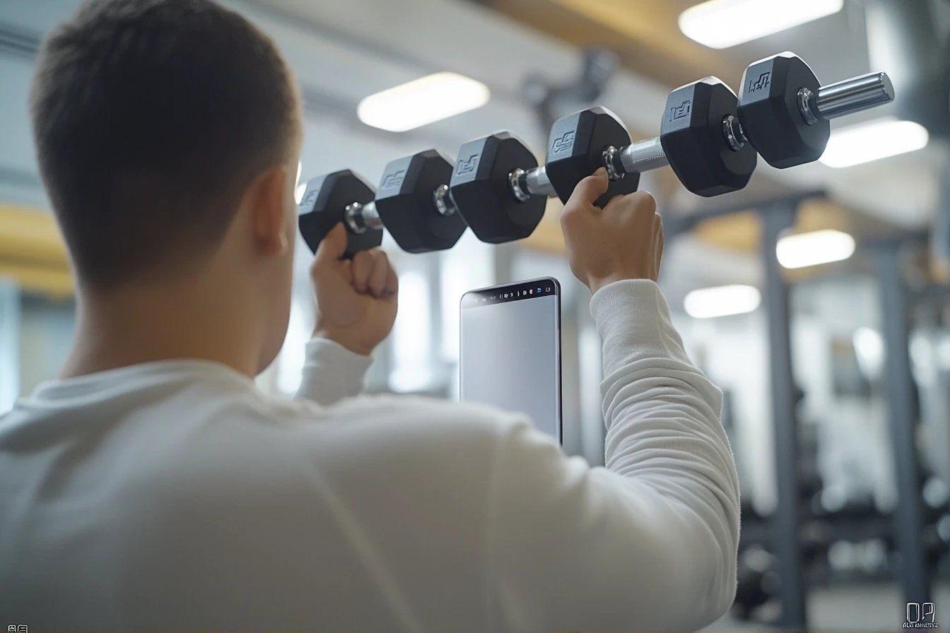 Homme de dos tenant des haltères noirs dans un gymnase moderne