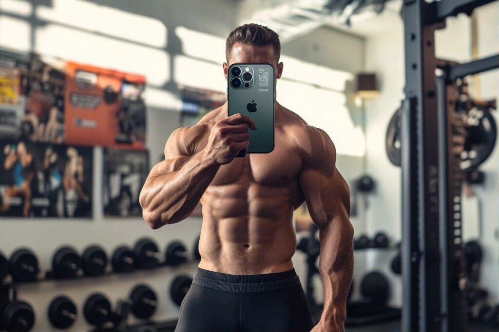 Homme musclé prenant un selfie avec iPhone dans un gymnase