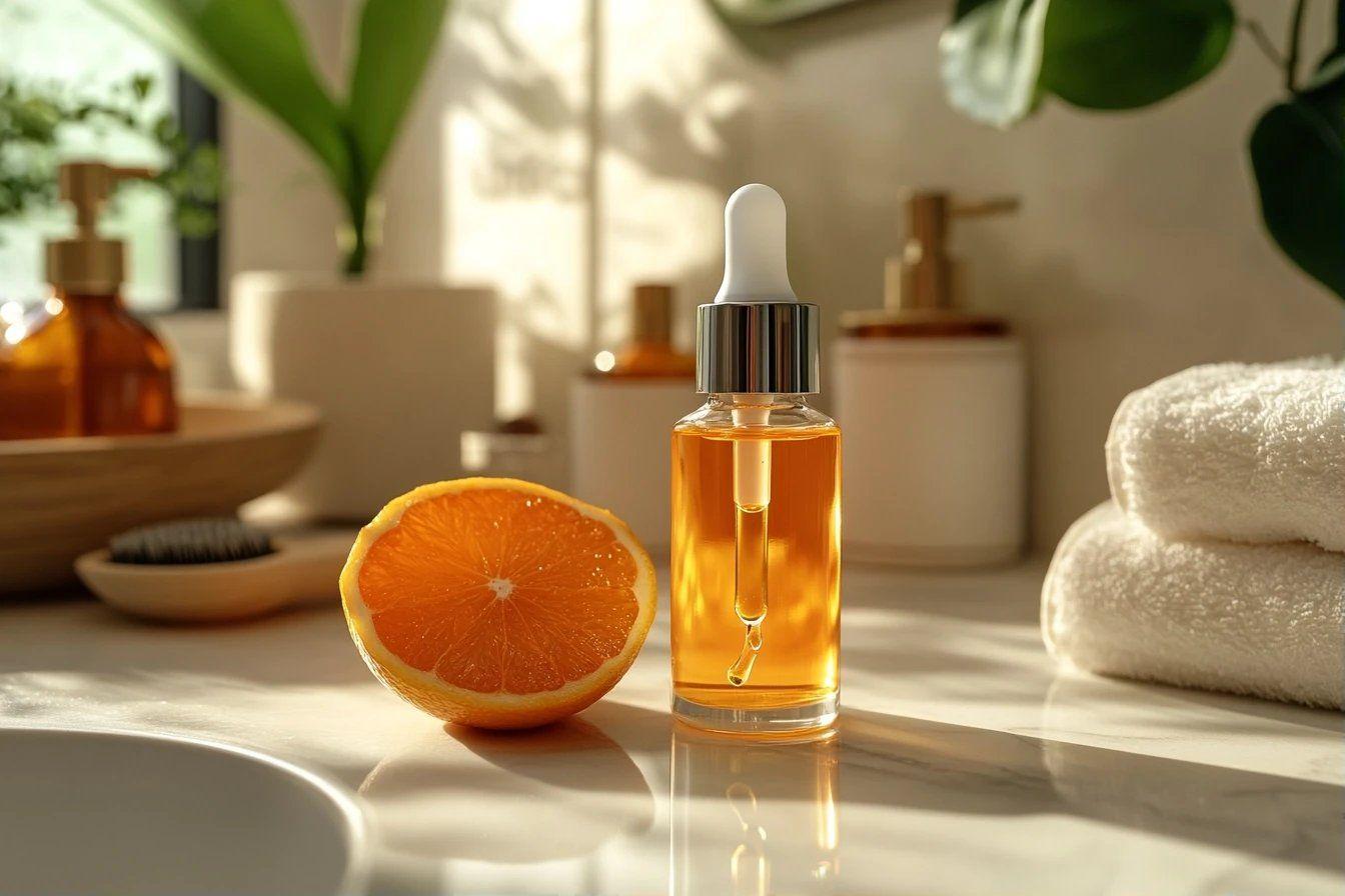 Flacon de sérum près d'une orange fraîche et serviettes