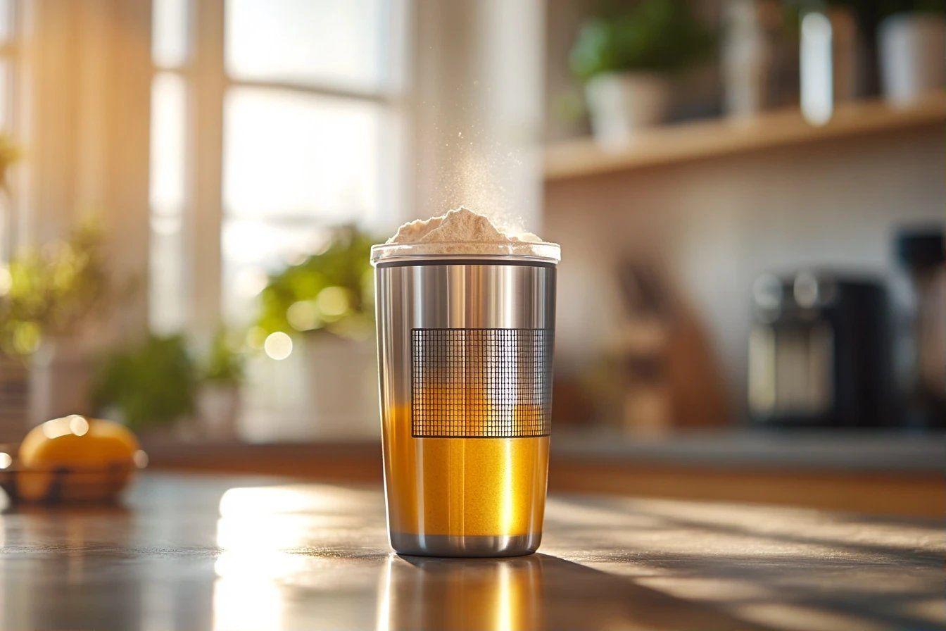 Shaker métallique avec poudre de protéine sur comptoir de cuisine