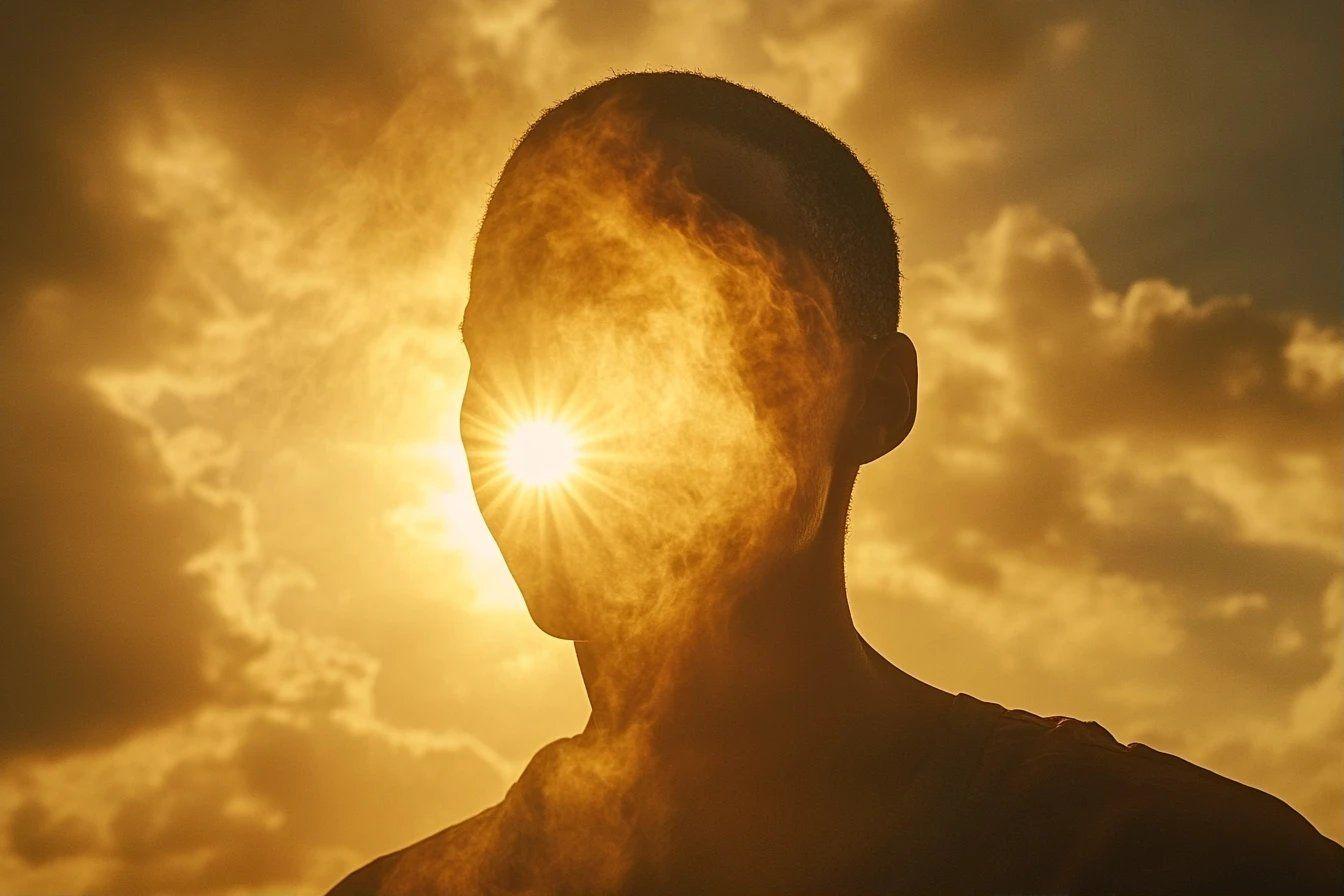Profil d'une personne illuminée par un soleil doré
