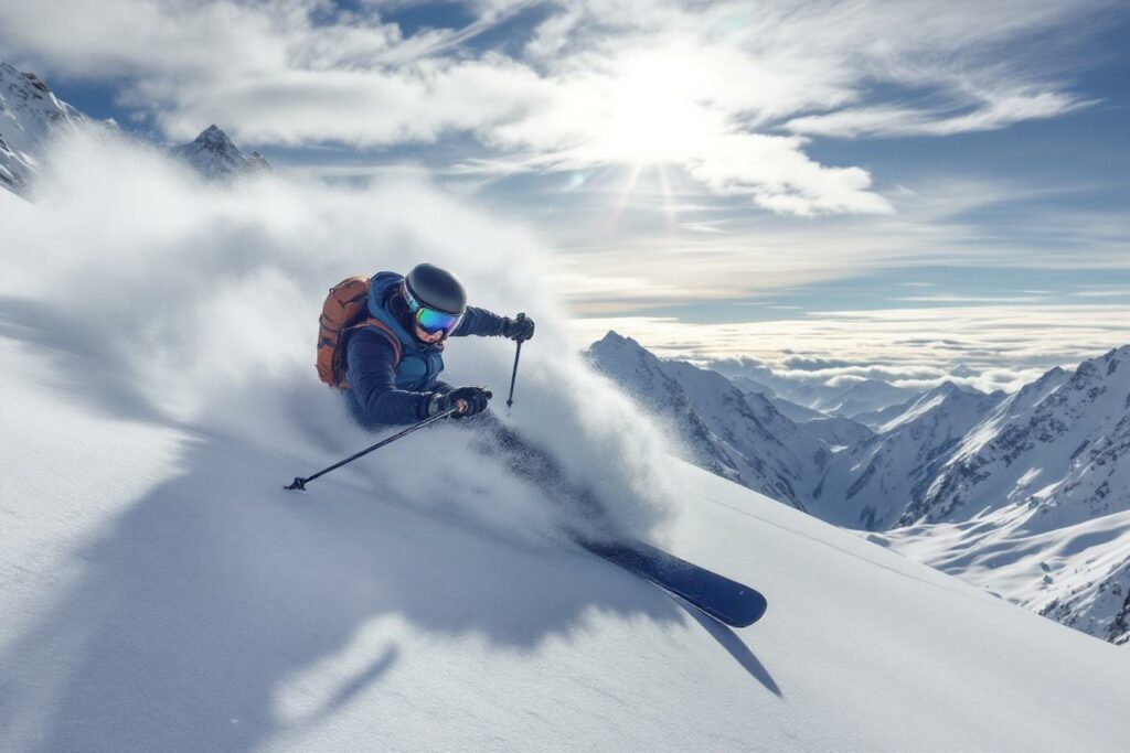 Skieur en descente dans les montagnes enneigées
