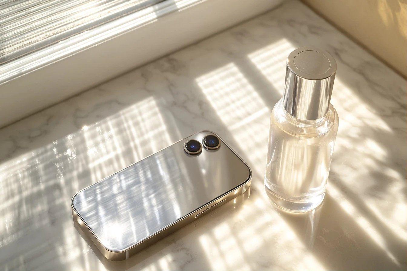 Appareil mobile et bouteille de parfum sur marbre lumineux