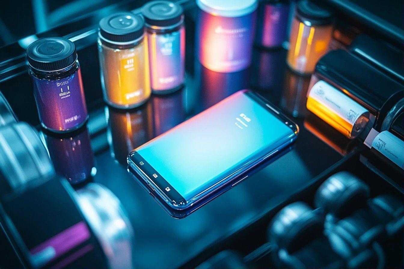 Téléphone bleu entouré de flacons aux couleurs dégradées