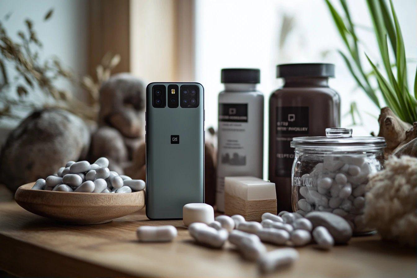 Téléphone, pilules et bocaux sur une surface en bois