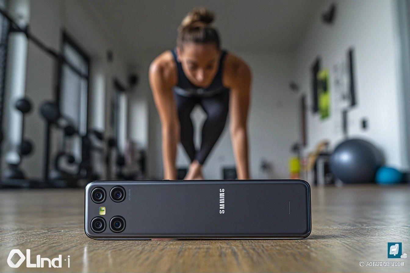 Smartphone près d'un athlète en position de planche dans un gymnase